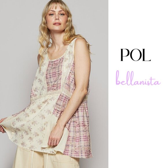 T467 POL Lavender Cream Floral Plaid Long Tunic Top - Picture 3 of 5